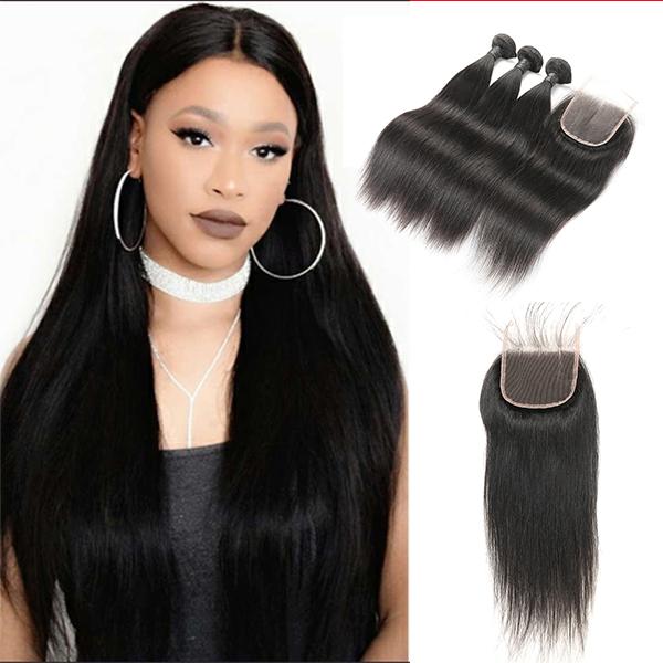 9a indian Straight Hair With Closure 3 Bundles Virgin Human Hair Bundles With 4*4 Lace Closure Hair Extensions