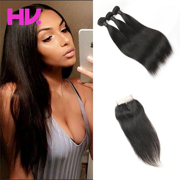 9a peruvian Straight Hair With Closure 3 Bundles Virgin Human Hair Bundles With 4*4 Lace Closure Hair Extensions