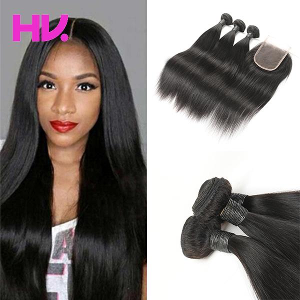 9a Brazilian Straight Hair With Closure 3 Bundles Virgin Human Hair Bundles With 4*4 Lace Closure Hair Extensions