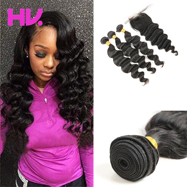 Brazilian Virgin Hair With Closure Extensions 3 Bundles Brazilian loose wave Hair With 4*4 Lace Closure Unprocessed Remy Human Hair Weave