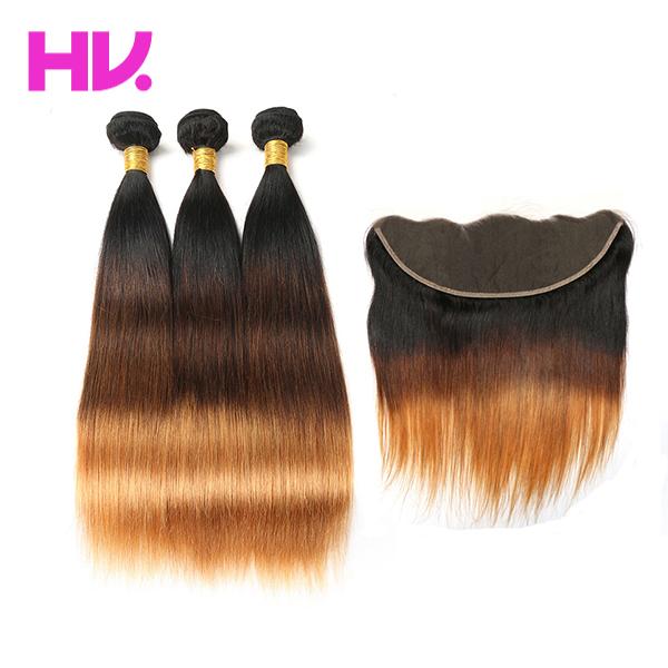 Ombre bundles with frontal 1b/4/30 3 Tone Remy Ombre malaysian Straight Human Hair Bundles With Frontal