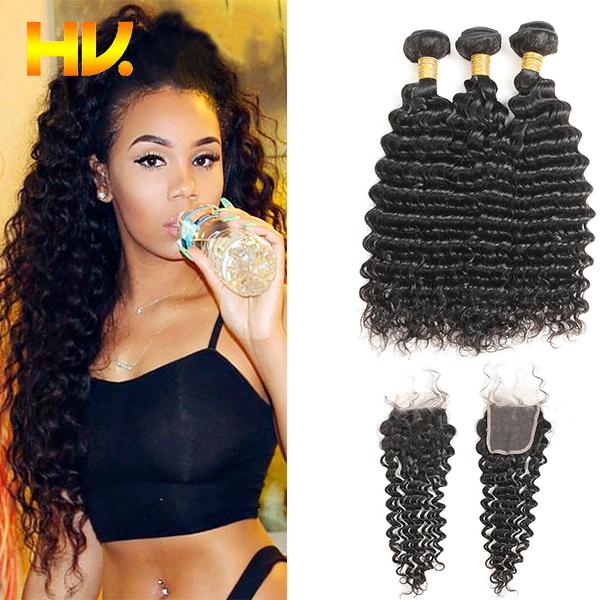 peruvian Curly Hair Weave Bundles With Closure 3 Bundle With Lace Closure Human Hair Deep Wave Bundles With Closure