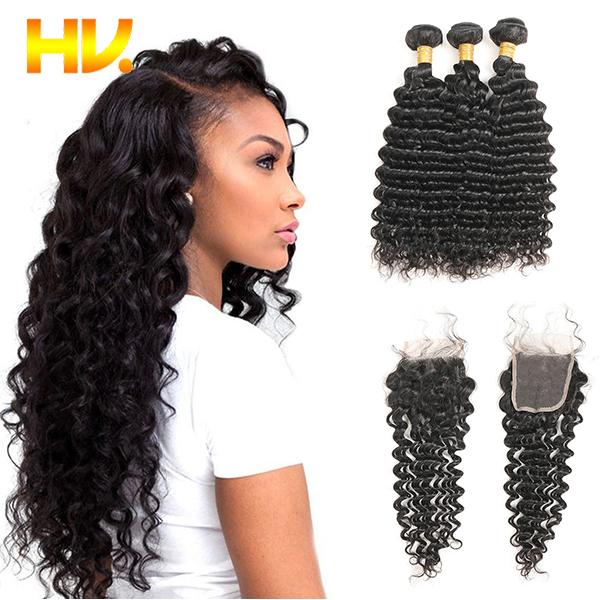 malaysian Hair Deep Wave Bundles With Closure 100% Human Hair Weave Bundles With Closure 3 Bundles With Lace Closure