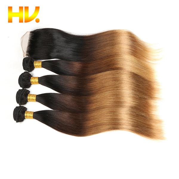 Ombre Hair Bundles With Closure indian Straight Hair 4 Bundles With Closure Color #1B#4#27 Remy Hair Extensions