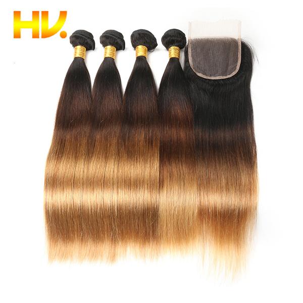 8a HAIR T 1B 30 Ombre Bundles with Closure Ombre Auburn Brown brazilian Straight Hair 4 Bundles Remy Human Hair Extension