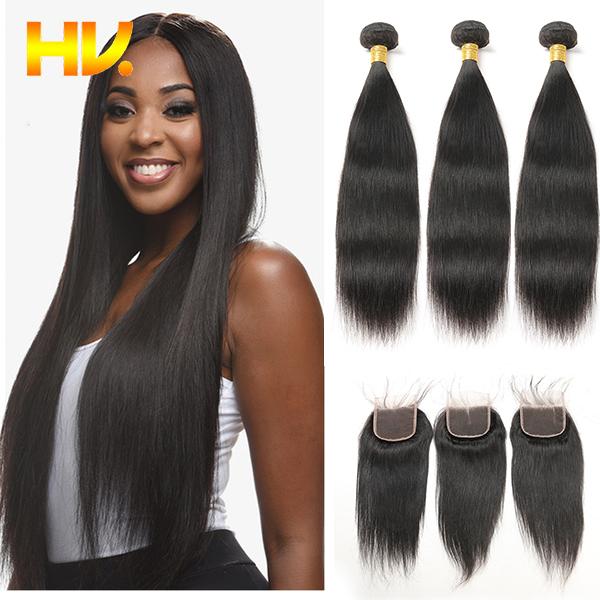 Straight Hair Bundles With Closure Middle Part 3/4 Human Hair Bundles With Closure Brazilian Non Remy Hair Extension