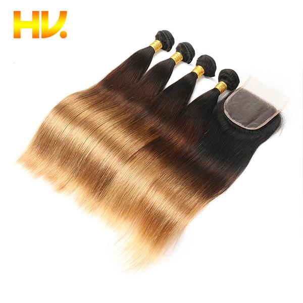 4 Bundles With Closure peruvian Straight Hair Bundles With Closure Ombre Bundles Human Hair Weave With Closure Remy 1b/4/27