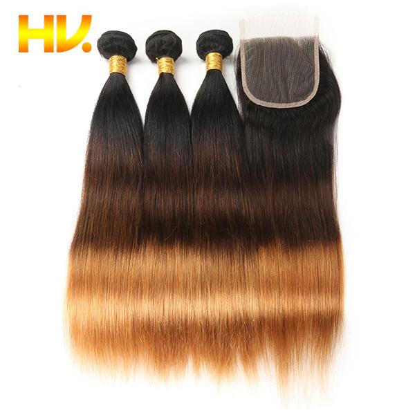 Ombre straight Human Hair Bundles With Lace Closure Blonde Brazilian Hair Weave 4 Bundles With Closure Remy Hair Weave Bundles