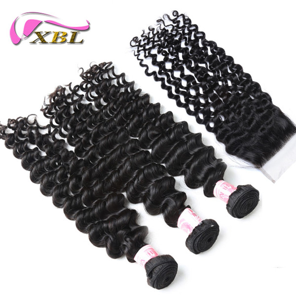 xblhair malaysian hair bundles with closure 3 bundles deep wave human hair and one top lace closure