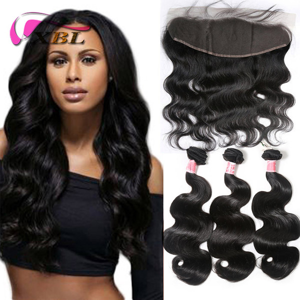 Brazilian Virgin Hair Bundles with Frontal Body Wave Straight Human Hair Weaves Unprocessed Hair Extensions and Frontal Closure