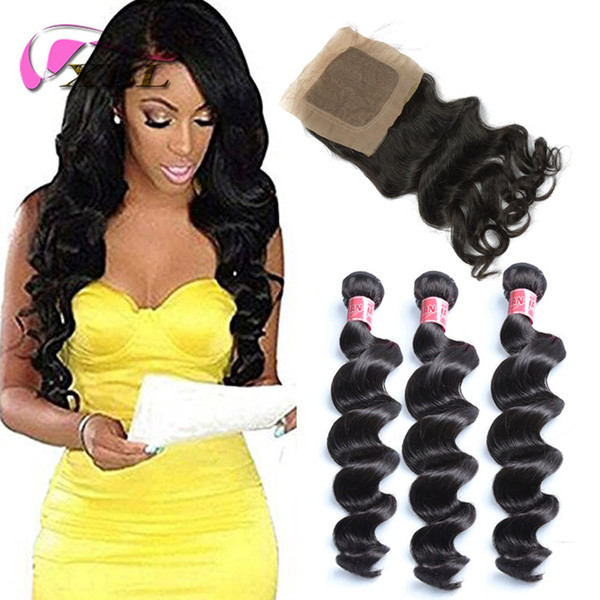 xblhair brazilian virgin hair with closure virgin loose wave human hair extensions and 4by4 silk base closure