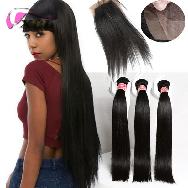 xblhair straight bundles with closure brazilian virgin human hair extension with one 4by4 silk base closure