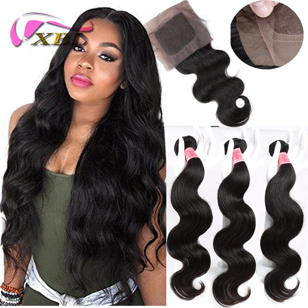 xblhair brazilian body wave with closure 3 bundles human hair extensions with one 4by4 silk base closure