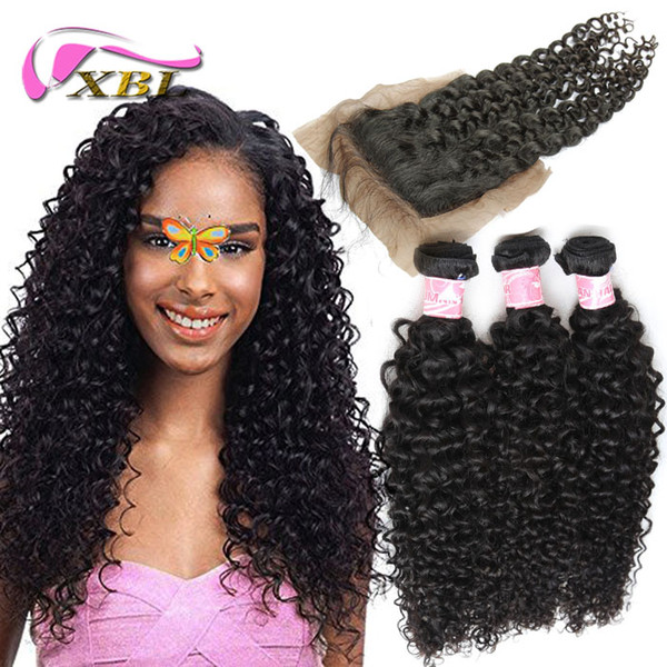 xblhair curly human hair bundles with closure 3 bundles human hair extensions with one 4by4 top lace closure