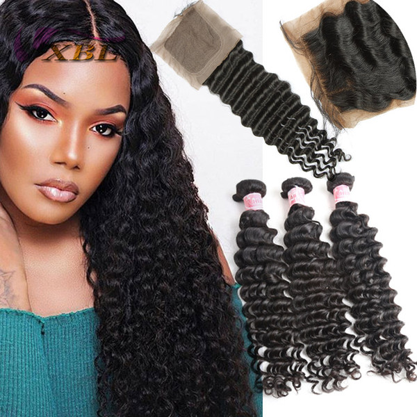 xblhair wet and wavy bundles with closure 3 bundles deep wave bundles with one 4by4 silk base closure