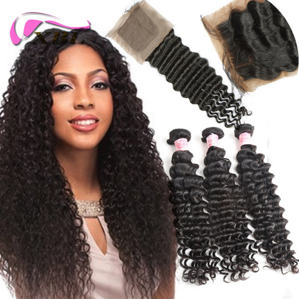 xblhair brazilian deep wave bundles with closure 3 bundles human hair extensions with one 4by4 silk base closure