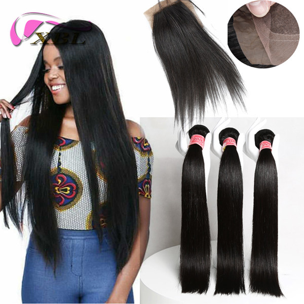 xblhair virgin hair bundles with closure silky straight human hair bundles with 4by4 silk base closure