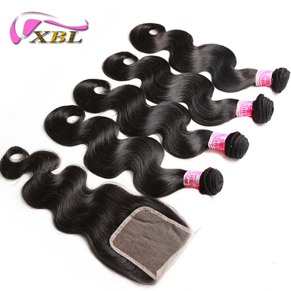 xbl hair remy human hair extension body wave human hair bundles and one free top lace closure