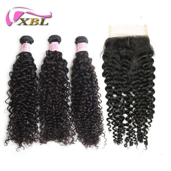 xblhair curly bundles with closure 3 bundles human hair extenison and one top lace closure within lace size 4by4