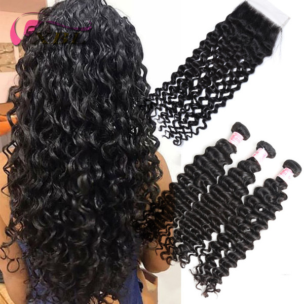 xblhair deep wave bundles with closure 3 bundles human hair extensions and one 4by4 top lace closure