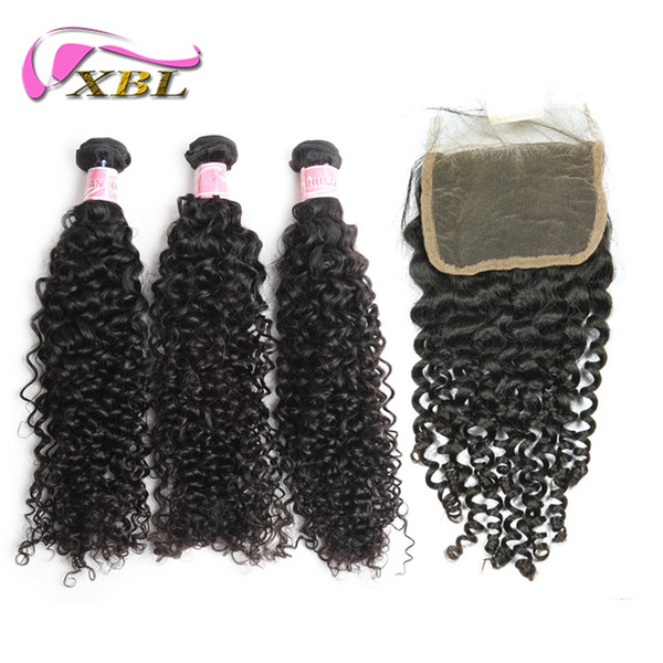 xblhair peruvian hair bundles with closure virgin curly human hair bundles and 4by4 top lace closure