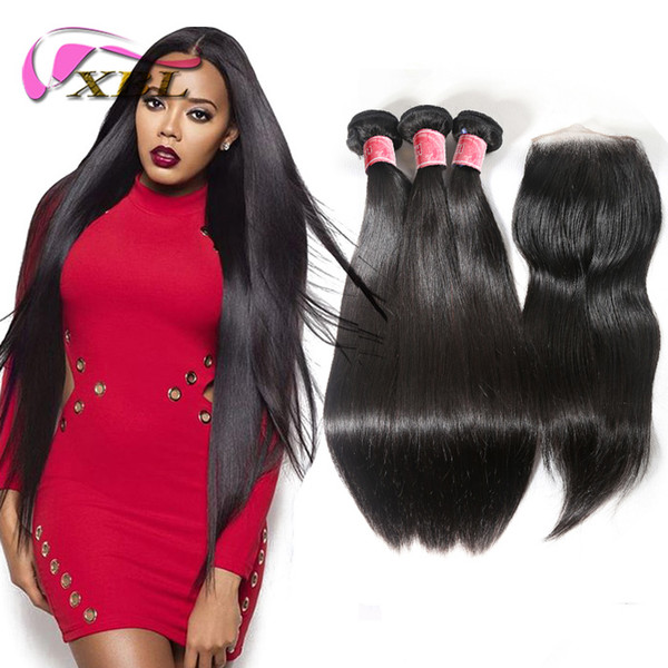 xbl hair colored human hair bundles with closure silky straight human hair extension within one free top lace closure