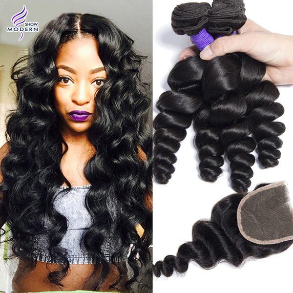 Mink Brazilian Virgin Hair Loose Wave With Closure Brazilian Hair Bundles Loose Curly Human Hair Weave 4 Bundles With Closure More Wavy