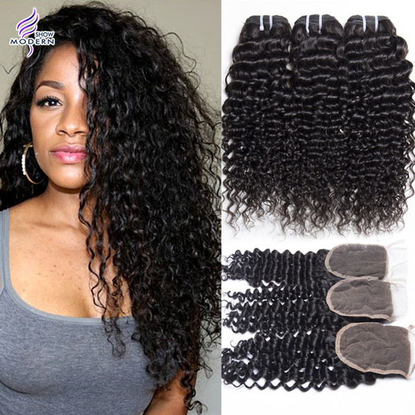 3 Bundles with Lace Closure Brazilian Virgin Hair Bundles Brazilian Deep Wave Curly Weave Hair Human Hair Bundles with Lace Closure