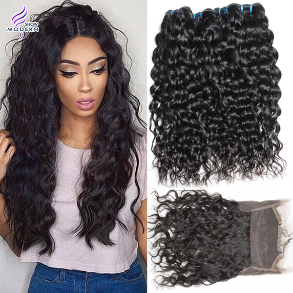 360 Lace Frontal Closure with Baby Hair Brazilian Wet and Wavy Virgin Human Hair Extensions Water Wave 4 Bundles with Lace Frontal Closure