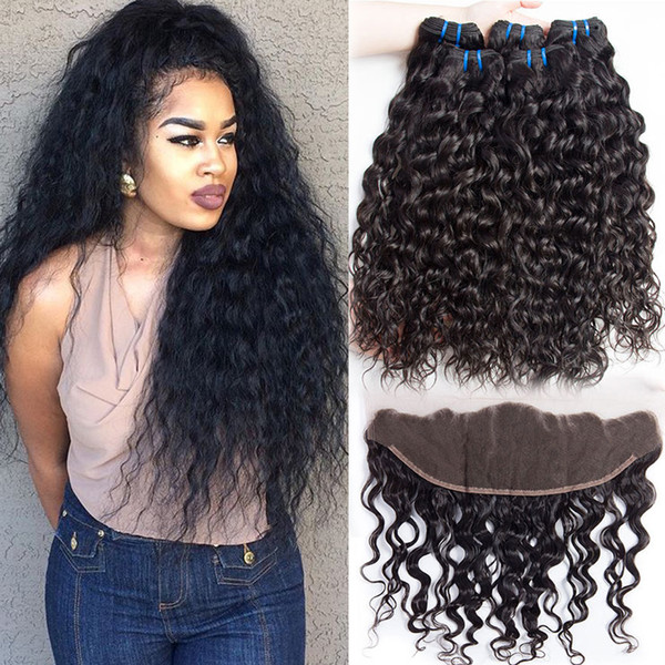 Wet and Wavy Brazilian Human Hair 4 Bundles with Closure Pre Plucked Lace Frontal Closure with Bundles Brazilian Water Wave Virgin Hair