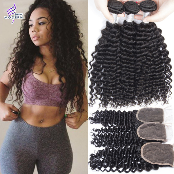 Mink Brazilian Curly Hair 3 Bundles with Lace Closure Brazilian Virgin Hair Deep Wave Curly Weave Human Hair Bundles with Closure