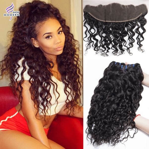 Wet and Wavy Human Hair Ear to Ear Lace Frontal Closure With Bundles Malaysian Water Wave Virgin Human Hair Weave Bundles with Frontal