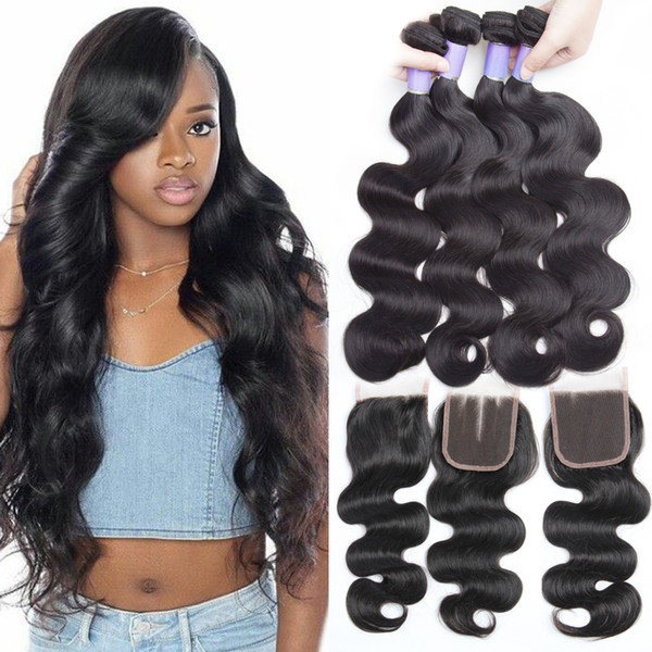 Peruvian Virgin Hair 3/4 Bundles with with Closure Peruvian Body Wave Hair Weaves 100% Peruvian Human Hair Bundles with Closure