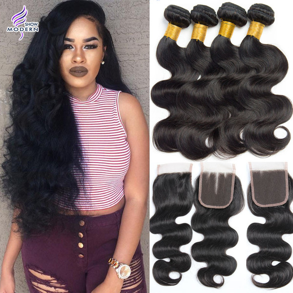 Peruvian Virgin Hair with Closure Modern Show Hair with Closure Peruvian Body Wave Human hair Weave 4 Bundles with Closure