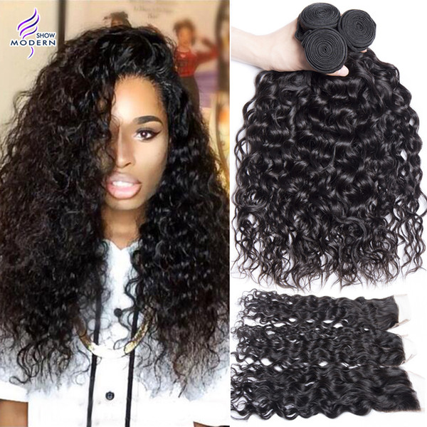 Peruvian Water Wave Hair Bundles with Lace Closure Peruvian Human Hair Weave 3 Bundles with Closure Peruvian Virgin Hair with Clsoure