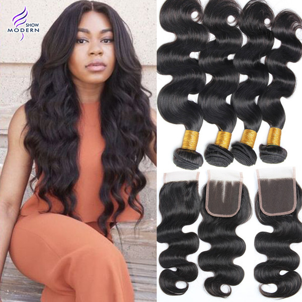 Modern Show Brazilian Body Wave Hair Weaves 4 Bundles with Closure Brazilian Human Hair with Lace Closure Unprocessed Brazilian Virgin Hair