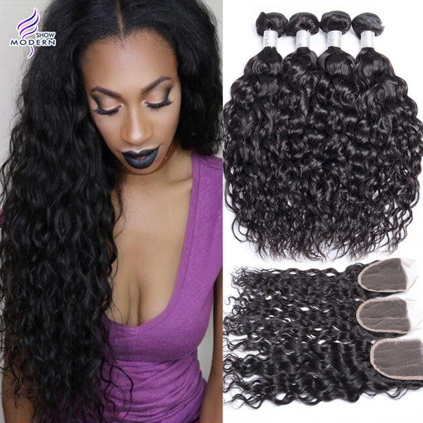 Wet and Wave Peruvian Water Wave 4 Bundles with Lace Closure Peruvian Human Hair Weave Bundles with Closure Peruvian Virgin Hair Bundles