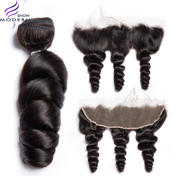 Modernshow Brazilian Loose wave Hair 3 Bundles With Frontal Modern Show Hair Weave Human Hair Bundles With Frontal Middle/Free Part NonRemy