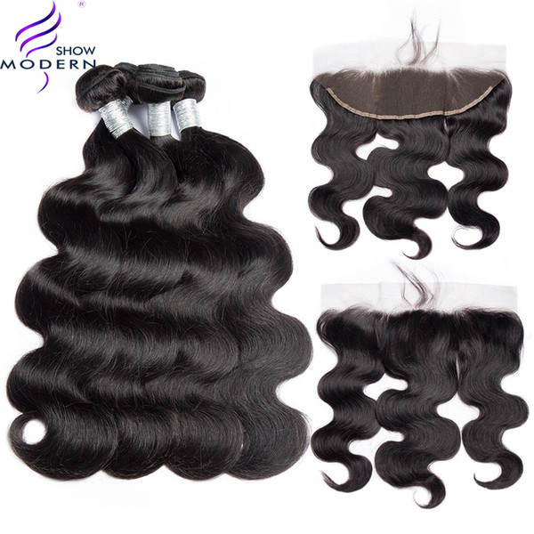 Modernshow Brazilian Body wave Hair 3 Bundles With Frontal Modern Show Hair Weave Human Hair Bundles With Frontal Middle/Free Part NonRemy