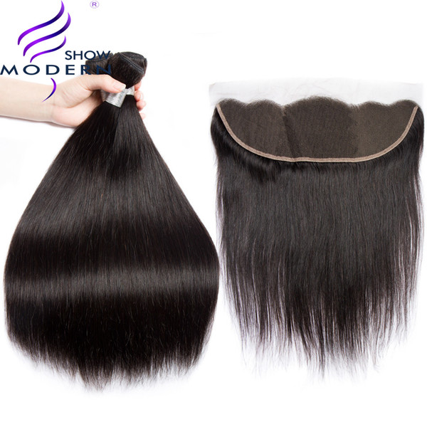 Brazilian Straight Hair 3 Bundles With Frontal Modern Show Hair Weave Human Hair Bundles With Frontal Middle/Free Part NonRemy