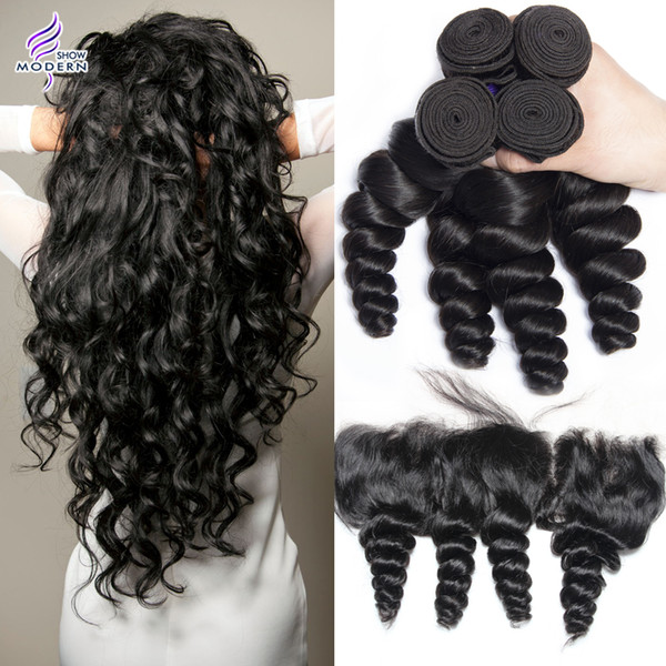 Ear to Ear Lace Frontal with Bundles Brazilian Loose Wave Human Hair Weave 4 Bundles with Frontal Closure Loose Curly Weave Hair Extensions