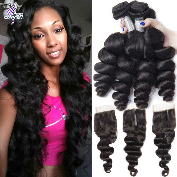 Indian Human Hair Weave 4 Bundles with Closure Human Hair Lace Closure with Indian Loose Wave Virgin Hair Bundles Indian Loose Curly Weaves