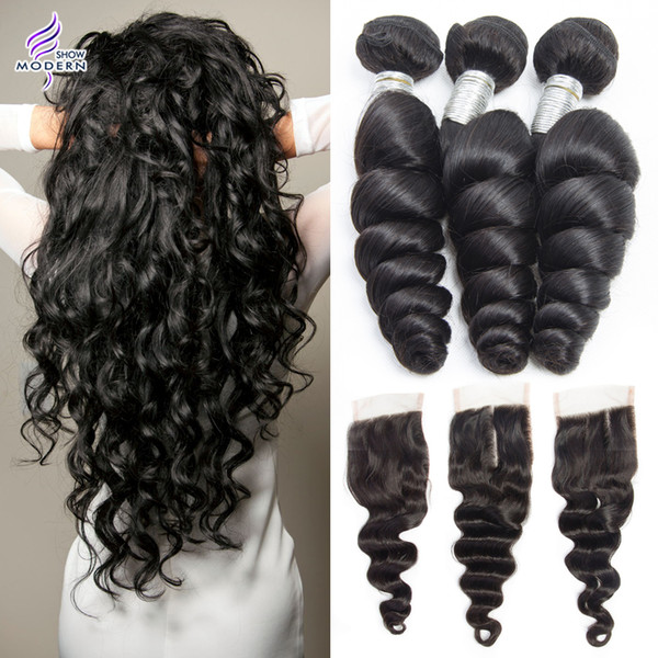 Peruvian Loose Wave Human Hair 3 Bundles with Closure Peruvian Human Hair with Lace Closure Mink Peruvian Loose Wave Virgin Hair Bundles