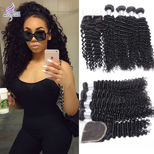 Malaysian Deep Wave Human Hair With Closure Malaysian Kinky Curly Virgin Hair with Closure 4 Bundles with Closure Natural Color