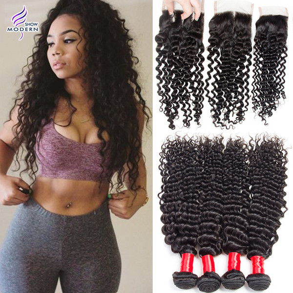 Mink Peruvian Curly Weave Human Hair 4 Bundles with Lace Closure Peruvian Virgin Human Hair Bundles Deep Curly Weave with Closure