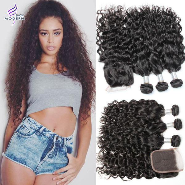 Wet and Wavy Brazilian Virgin Hair With Closure Virgin Brazilian Water Wave Curly Hair With Closure 4 Bundles with Closure