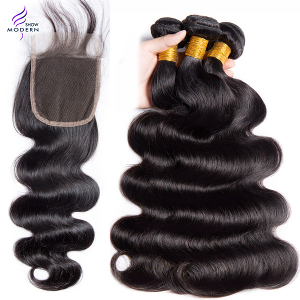 Modern Show Brazilian Hair Bundles Body Wave Human Hair 4 Bundles With Closure Brazilian Virgin Hair Extensions With Lace Closure Color#1B