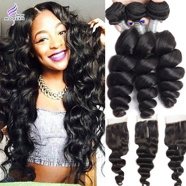 Modern Show Brazilian Loose Wave 3 Bundles with Lace Closure Brazilian Human Hair Bundles with Closure Brazilian Virgin Human Hair Weave