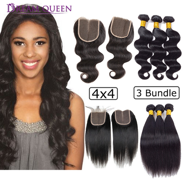 Brazilian Body Wave Straight Human Hair Weft 3 Bundles With 4X4 Closure Peruvian Virgin hair With Lace Closure Human Hair Extensions