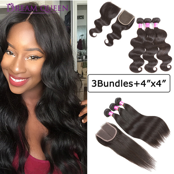 8A Brazilian Hair Straight Body Deep Water Wave 3 Bundles with 4X4 Lace Closure Malaysian Virgin Hair Extensions With Closure Free Part